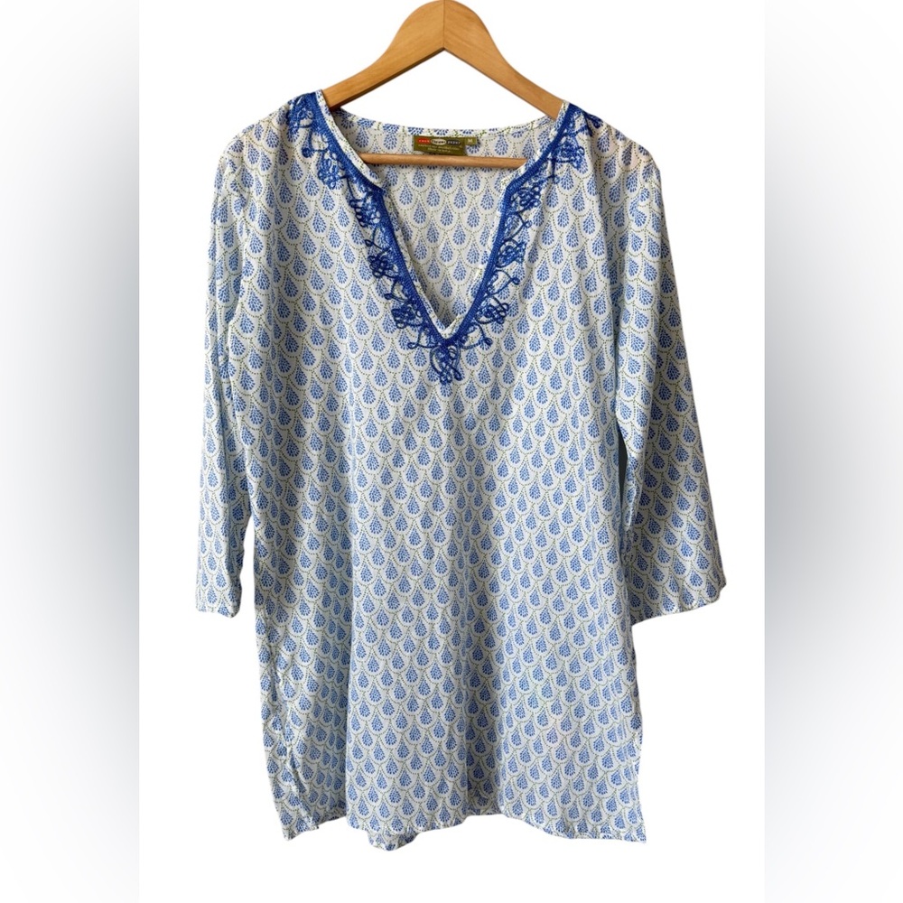 Rock Flower Paper Blue Block Print Tunic Top M Embroidered Boho NWOT